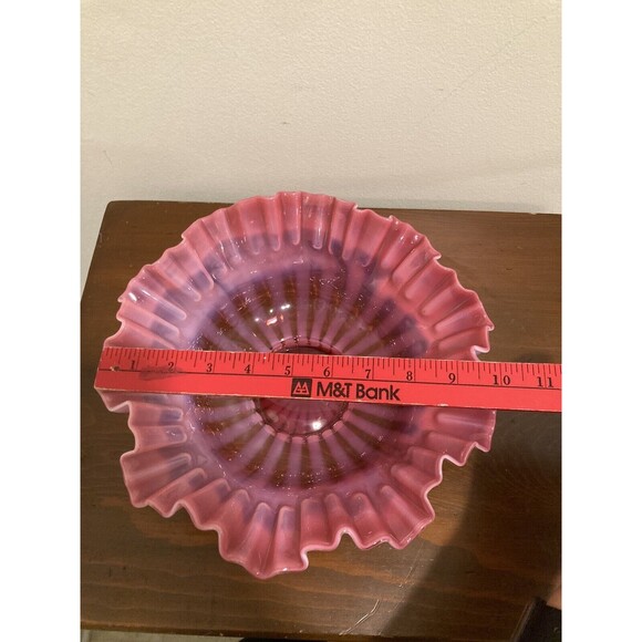 FENTON Cranberry Opalescent Striped Rose Overlay Ruffled Art Brides Bowl - Picture 16 of 16